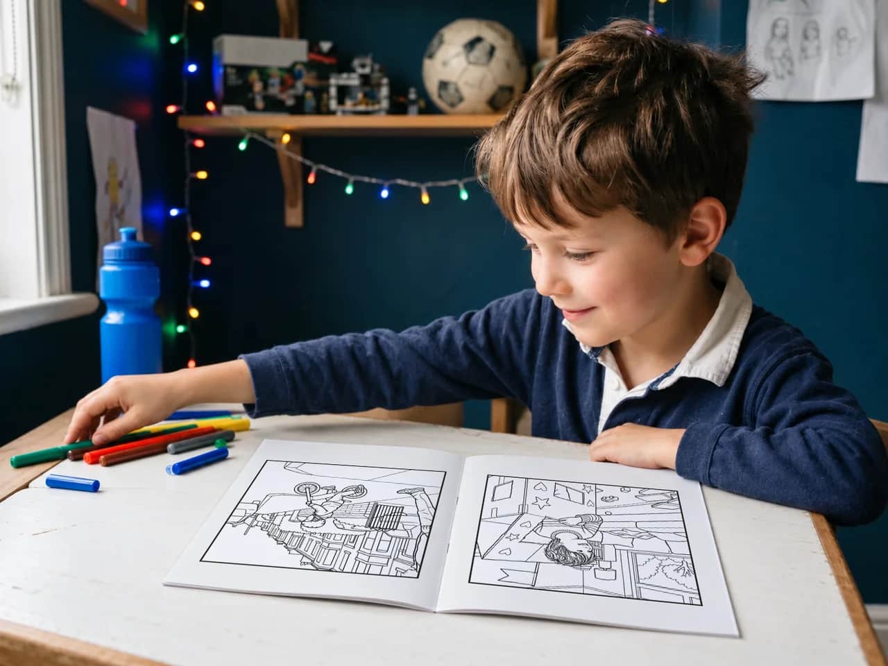 A boy at his bedroom desk reaching for a felt-tip with his open colouring book in front of him
