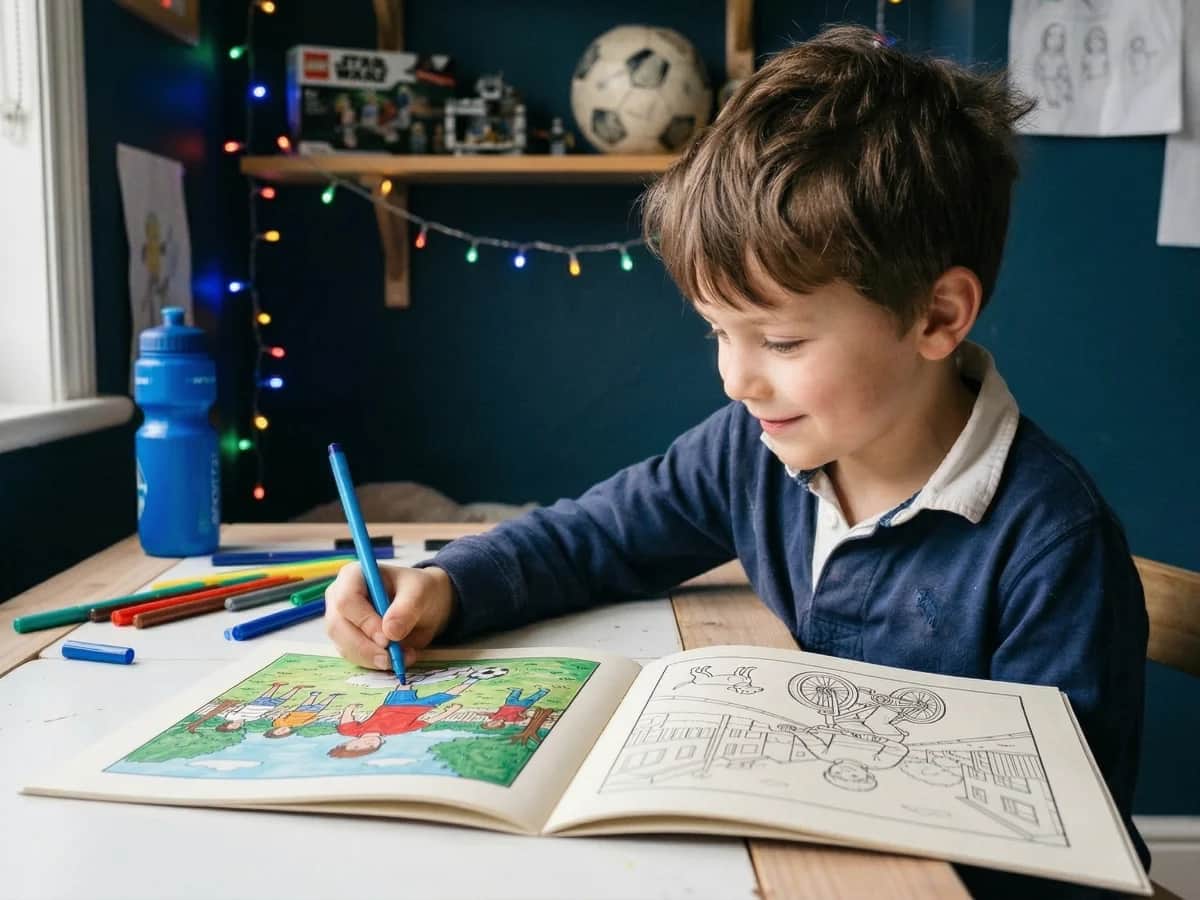 Boy colouring his own personalised toodaloo story book in his bedroom